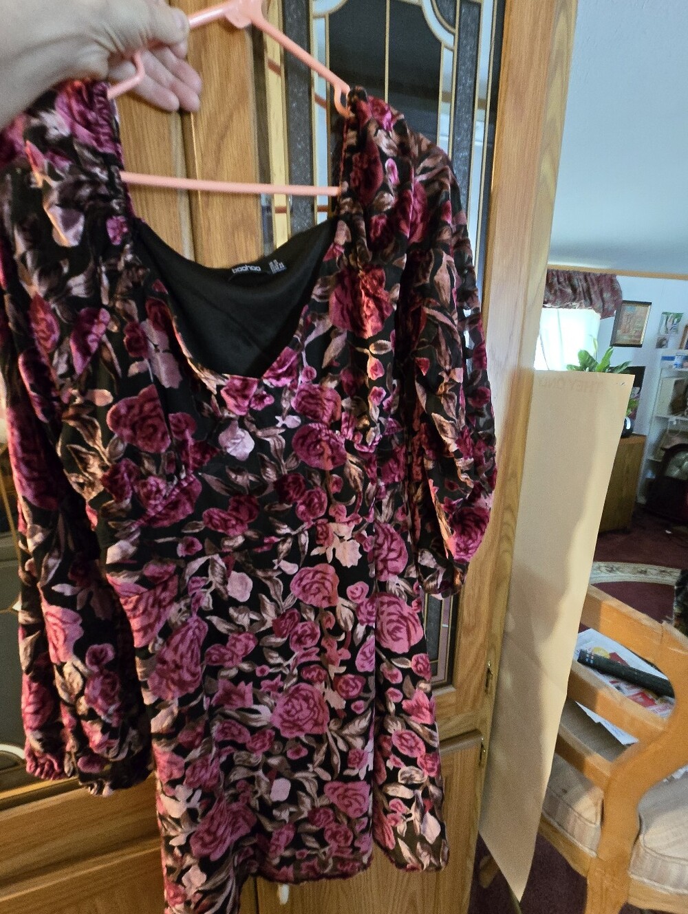 Boohoo Black Velvet Dress with Pink Floral Burnout
